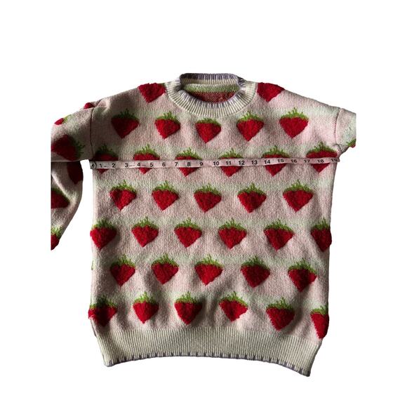 Vintage Handmade Womens Strawberry Knit Sweater Pink White Striped Pullover XS/S - Picture 6 of 9